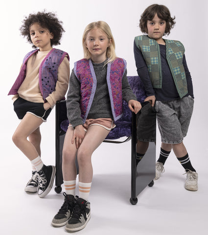 Collection kids (4-10 ans). Gilets upcyclés et matelassés enfant Azala. Été 2023.