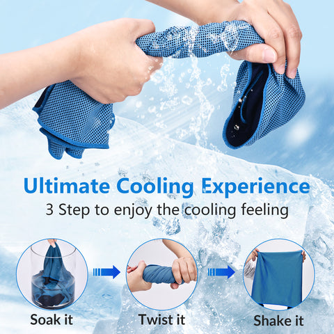 1.Completely soak the towel in water(DO NOT PUT IN HOT WATER) 2.Gently wring the wet towel.Shake it a few times,it only takes a few seconds to become cool. 3.Please snap again several times to keep it cool.