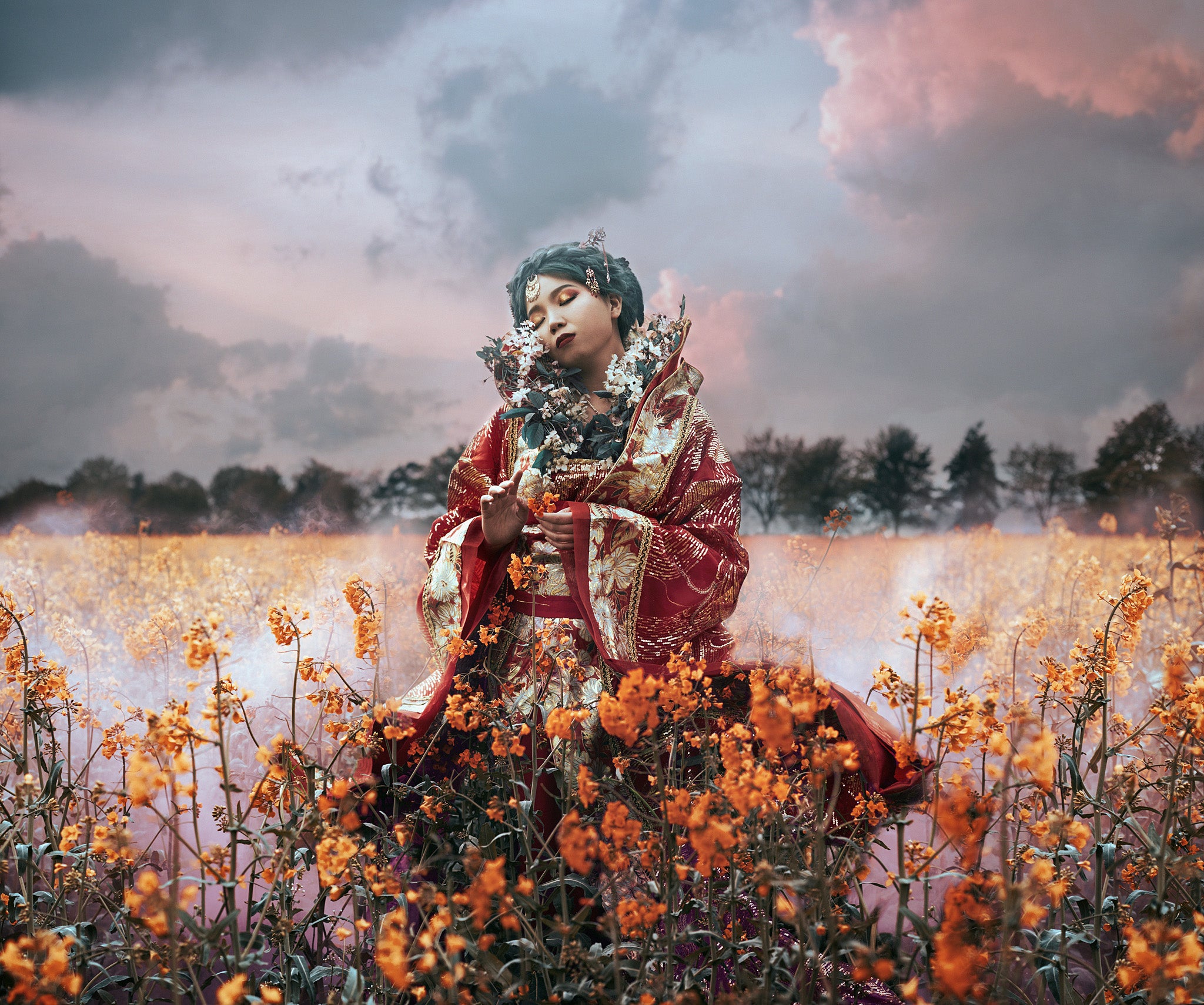 Bella Kotak photography, young woman in Chinese traditional clothes in a summer rapeseed field dreaming