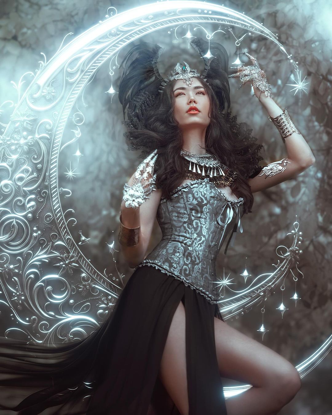 Fairytale fantasy portrait of a woman against a crescent moon