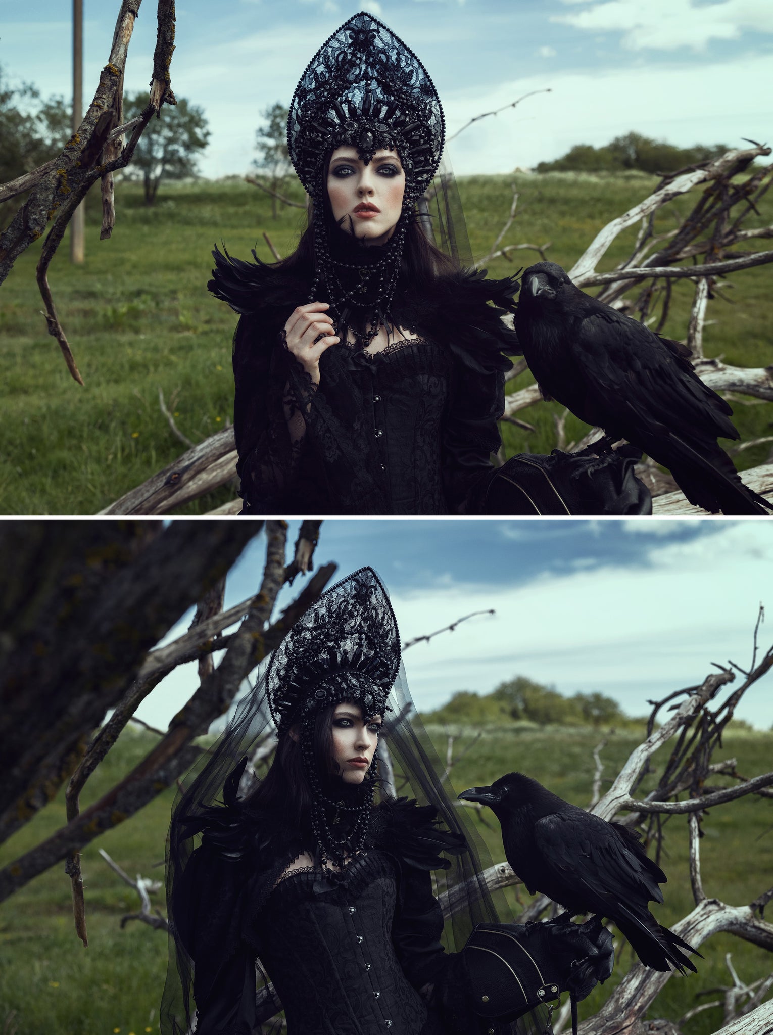 Fairytale portrait by Menna Hossam featuring beautiful headpiece and raven
