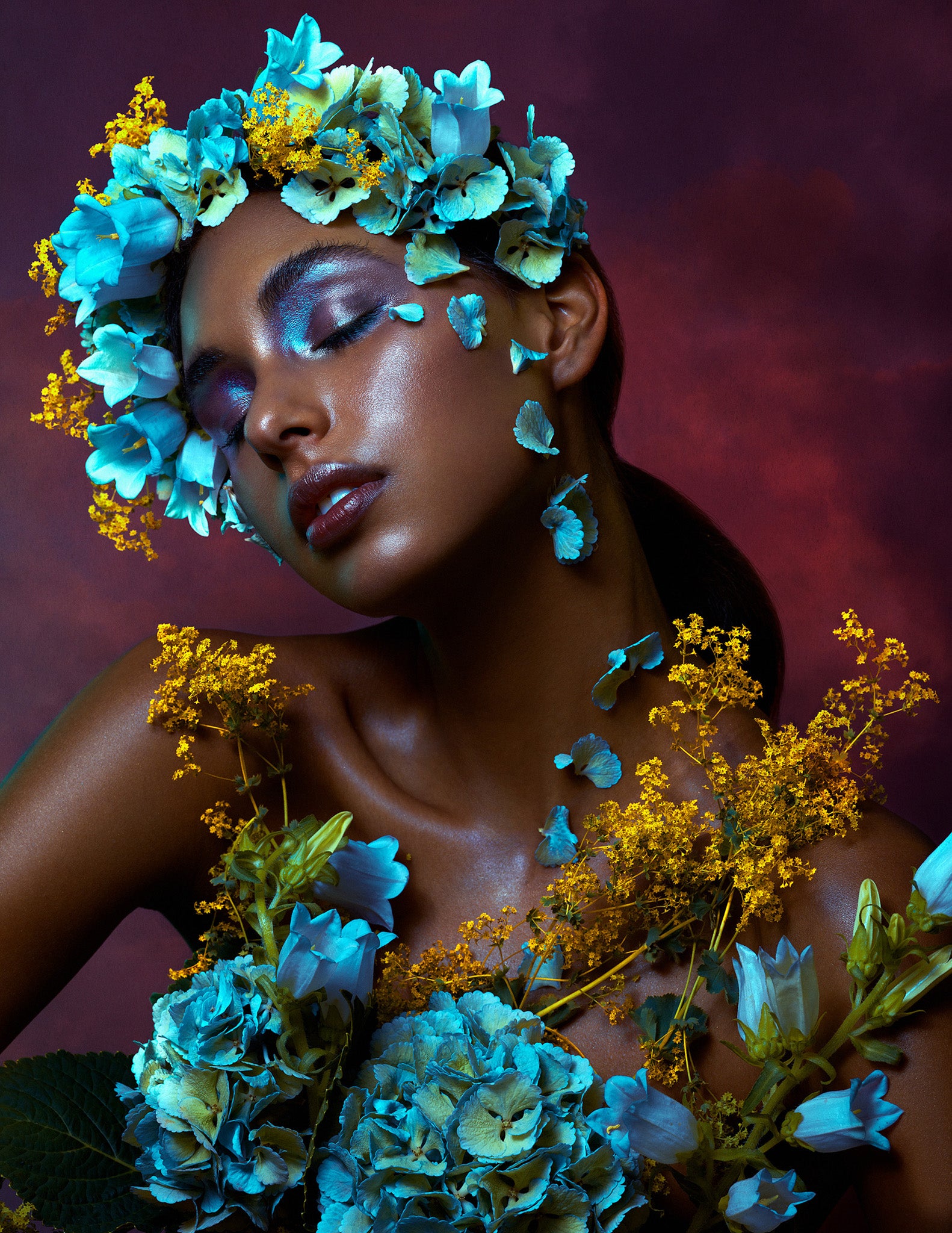 Bella Kotak photography, floral beauty portrait of a dark skinned young woman with beautiful makeup and lighting