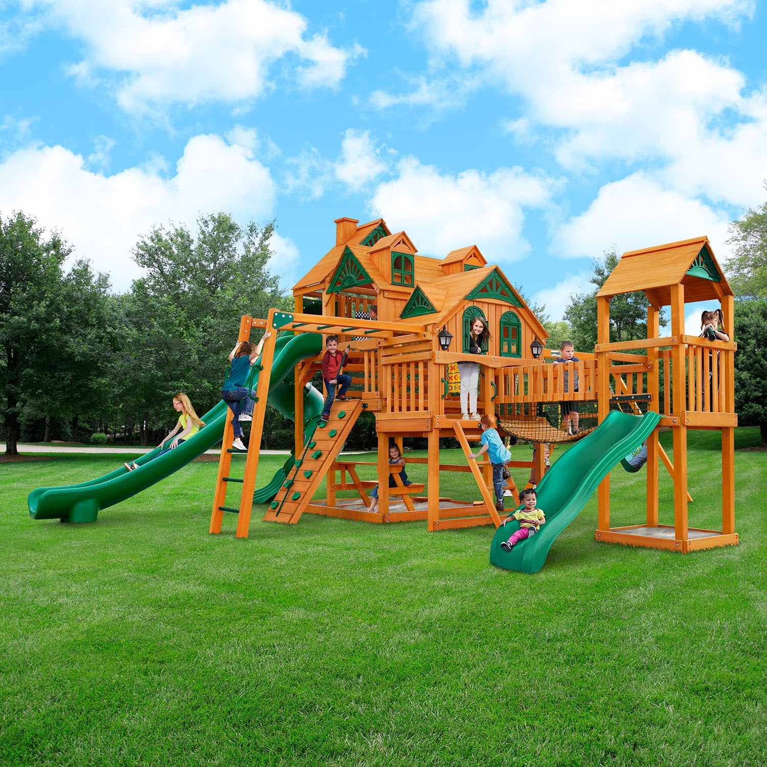 swing and slide wooden playset