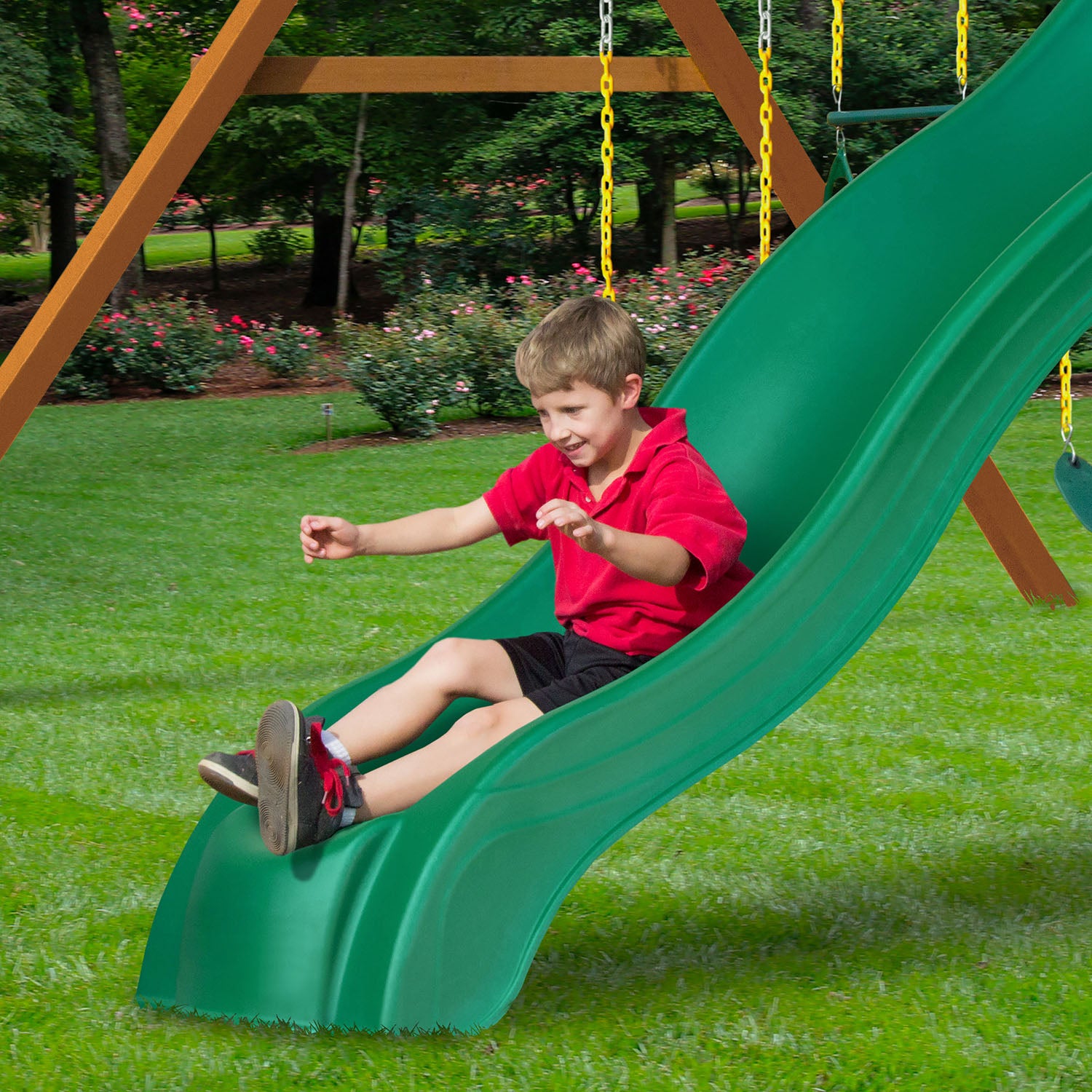 swing and slide wooden playset