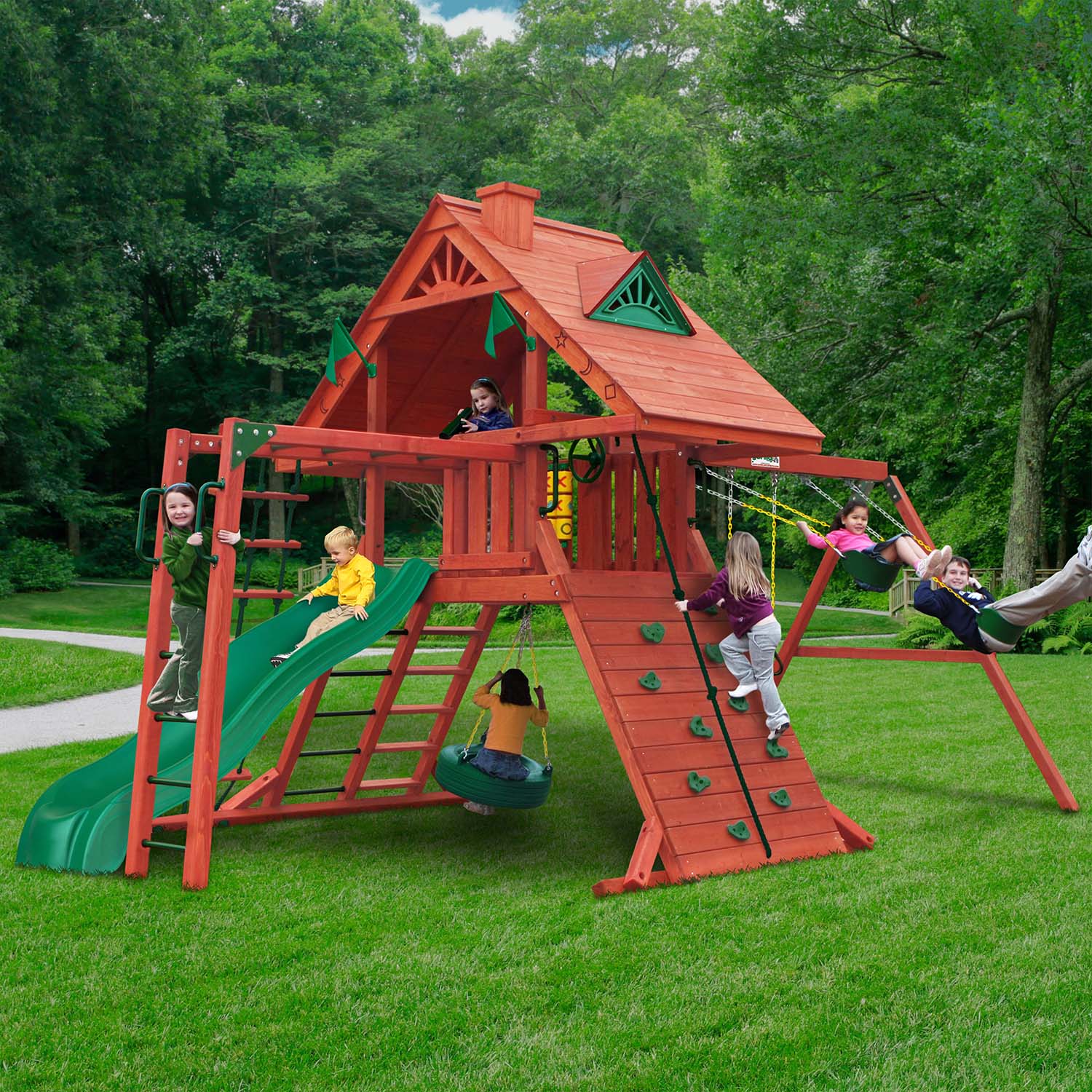 Gorilla Playsets 01-0053-AP Mountaineer Treehouse Wood Swing Set with Wood  Roof, Tube Slide, and Rock Wall, Amber : Toys & Games