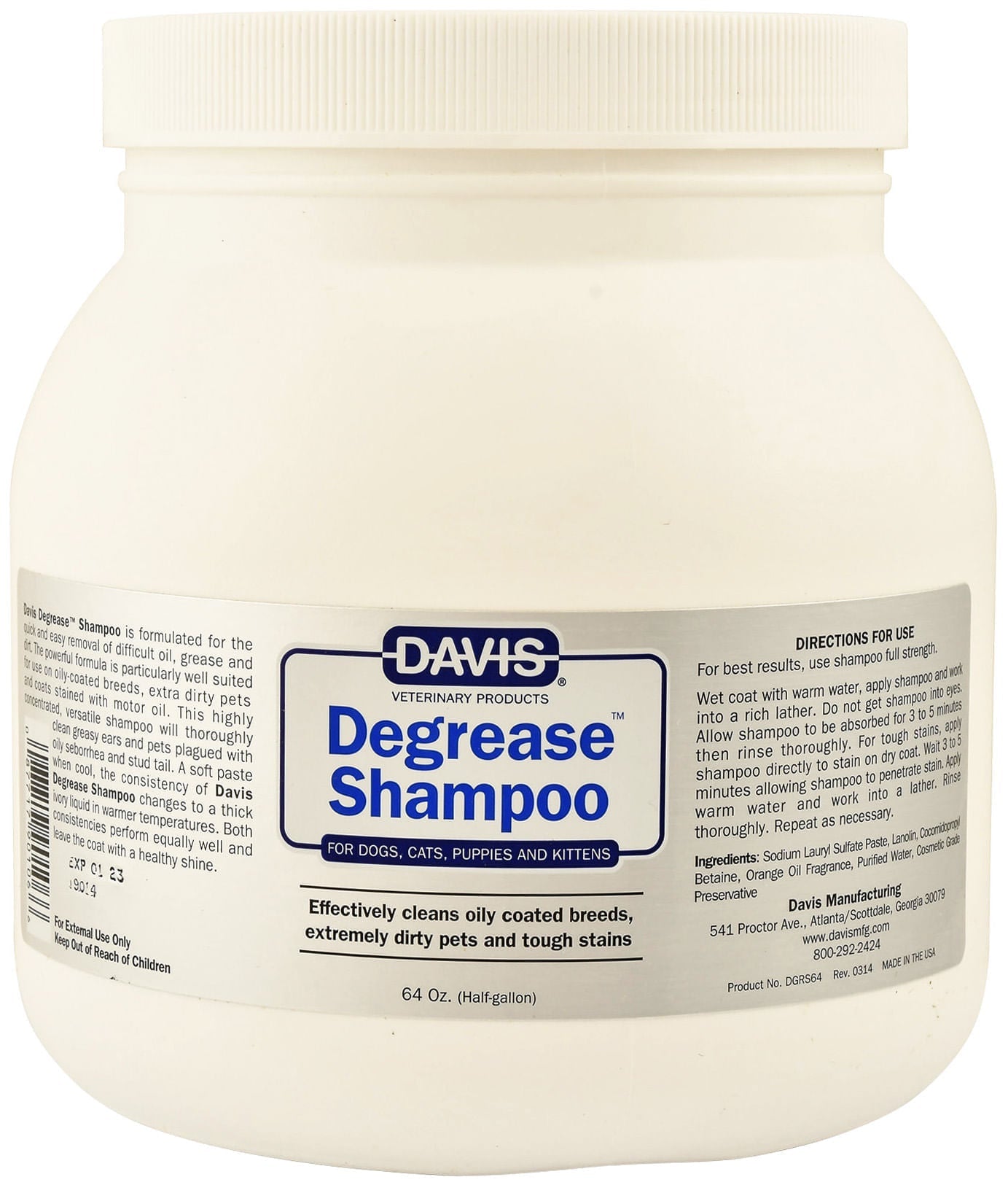 Davis Degrease Dog & Cat Shampoo for Oil, Grease & Heavy Dirt