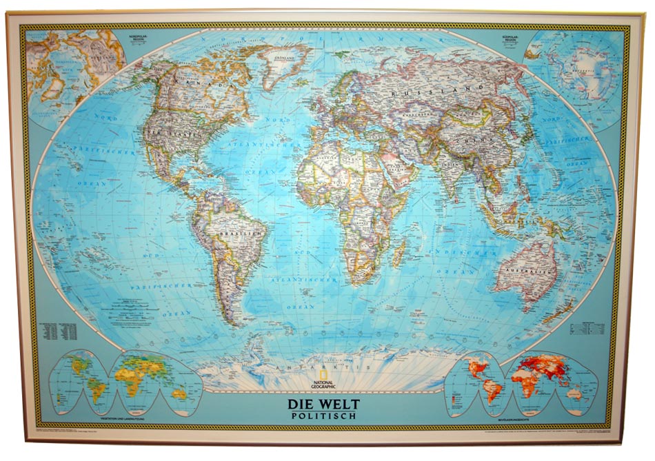 Weltkarte, blaues Wasser, Rahmen 11silber-matt