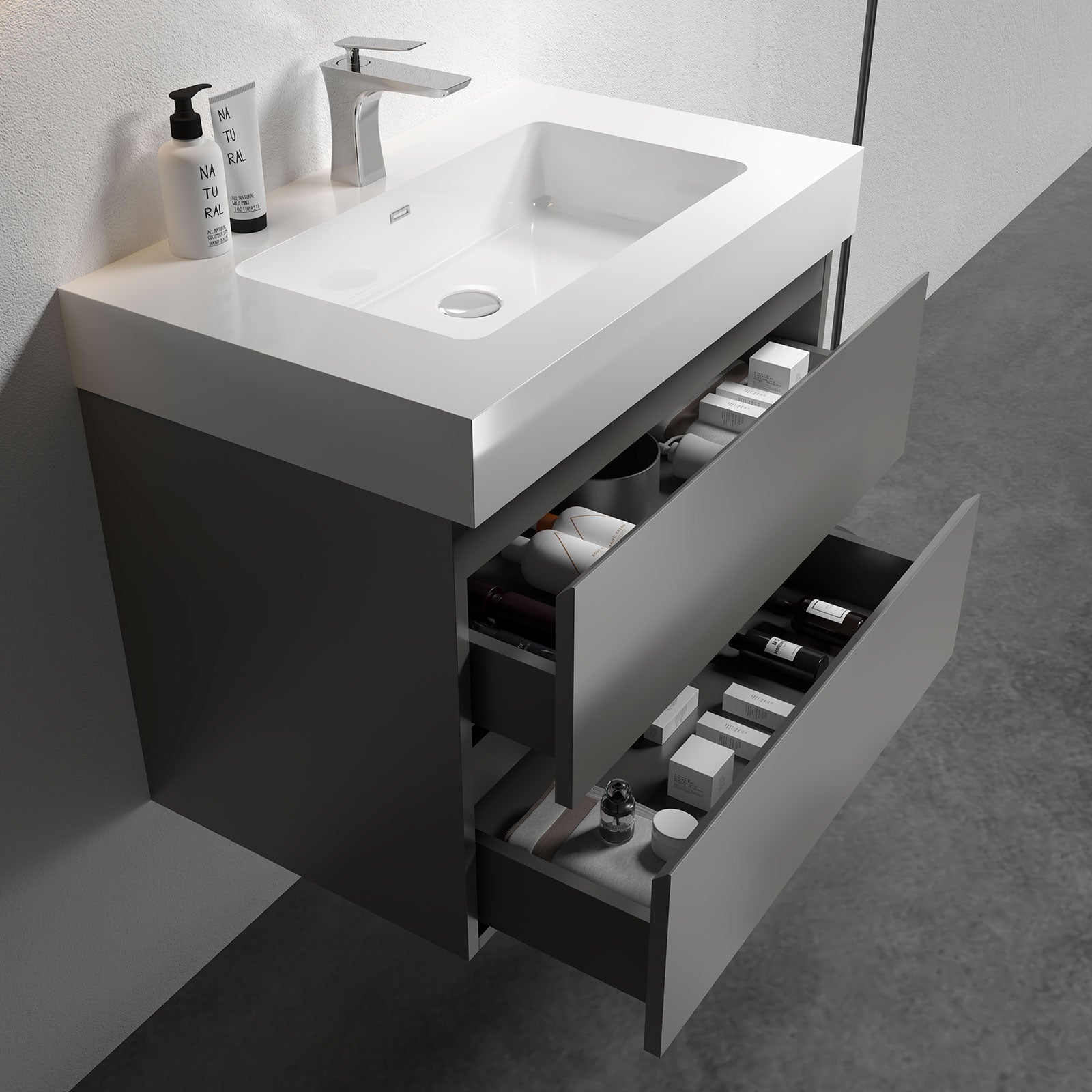 gray bathroom vanity with double drawers