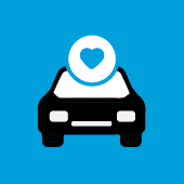 Car icon with heart above to indicate safe driving
