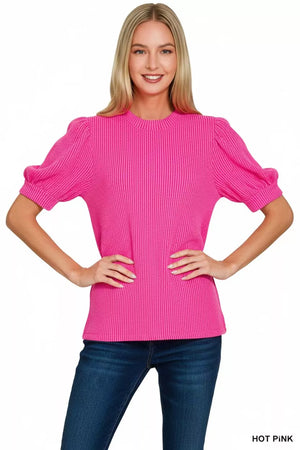Zenana Raised Rib Puff Sleeve Top - SHOPJUJUBYJESS.COM
