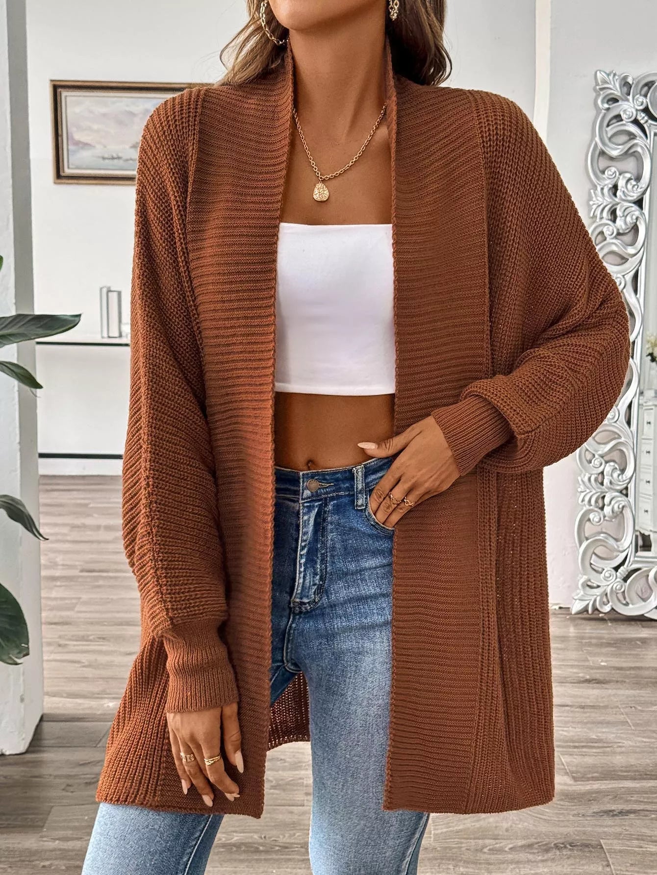 Open Front Ribbed Knit Cardigan