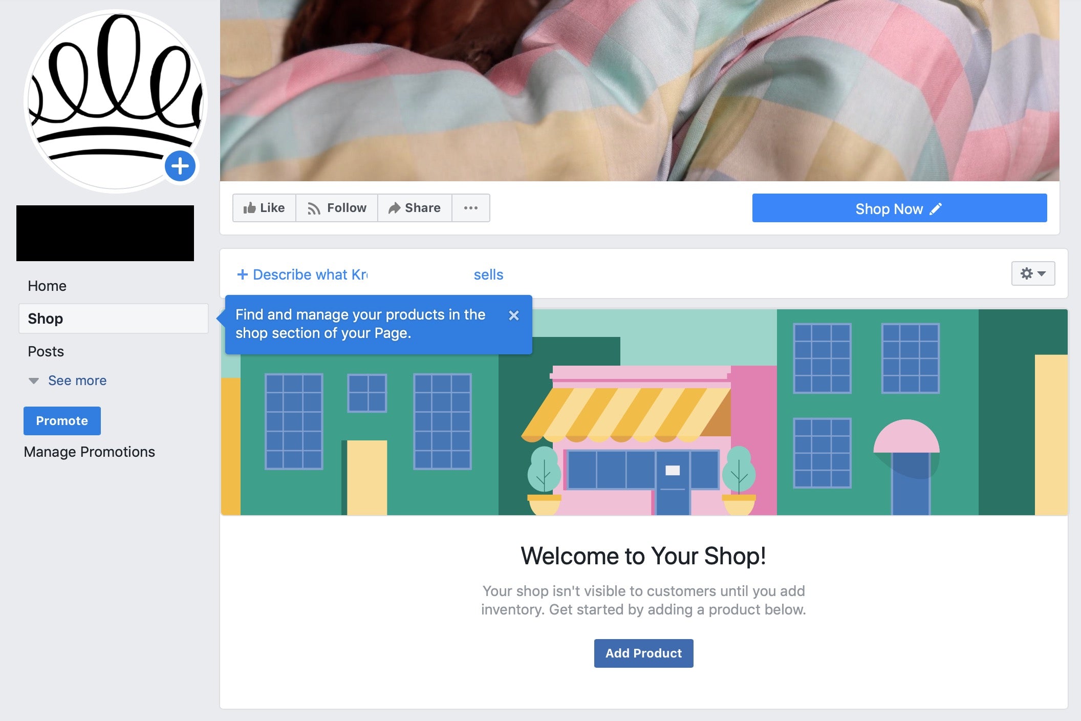 Facebook shopping: blank Facebook shop