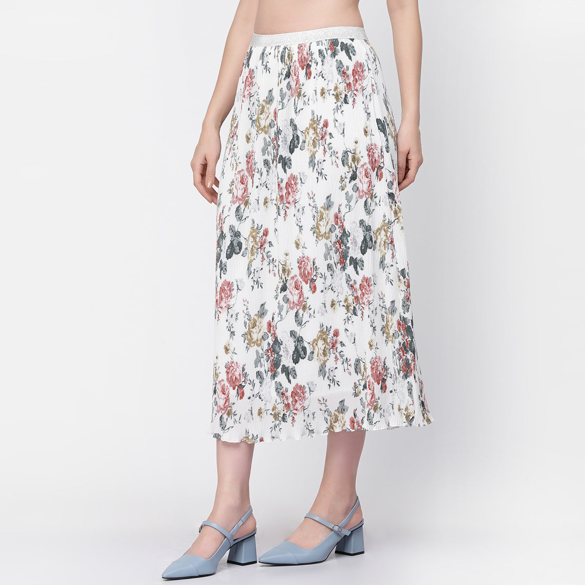 Ribbed Straight Skirt With Slits & Printed Belt