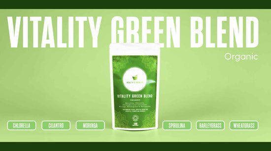  A minimalist photo of vitality green blend pouch on a green background listing each ingredient