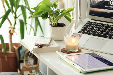 teléfono en el escritorio con plantas