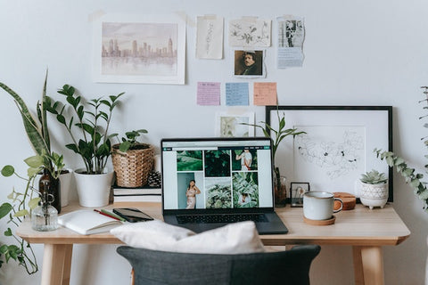 desk with computer and plants