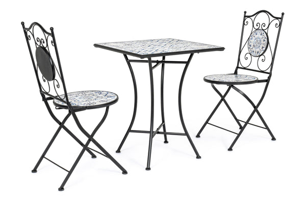 Set tavolo e 2 sedie in ferro con seduta e decori in ceramica