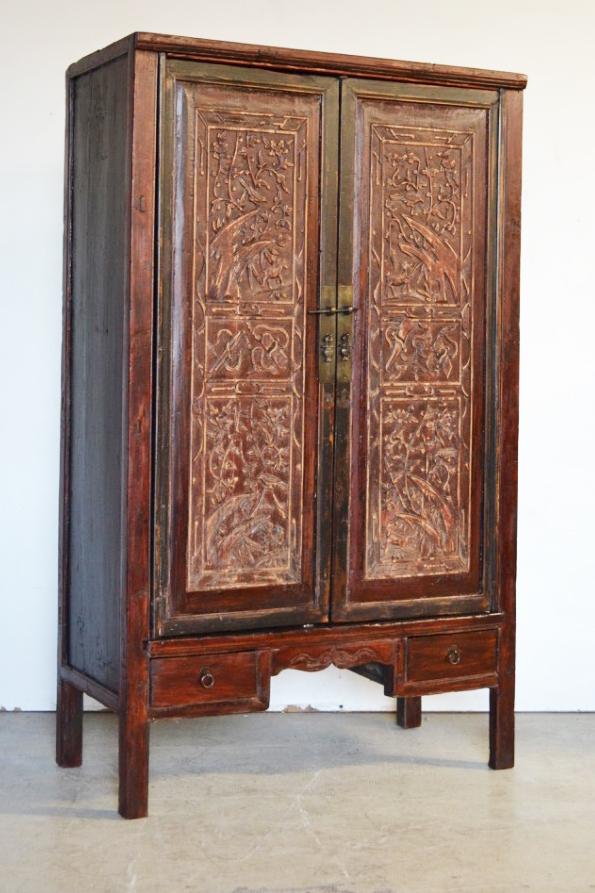 Antico armadio cinese originale in Legno di Olmo intarsiato - 2 ante 2 cassetti - EL.1101.055