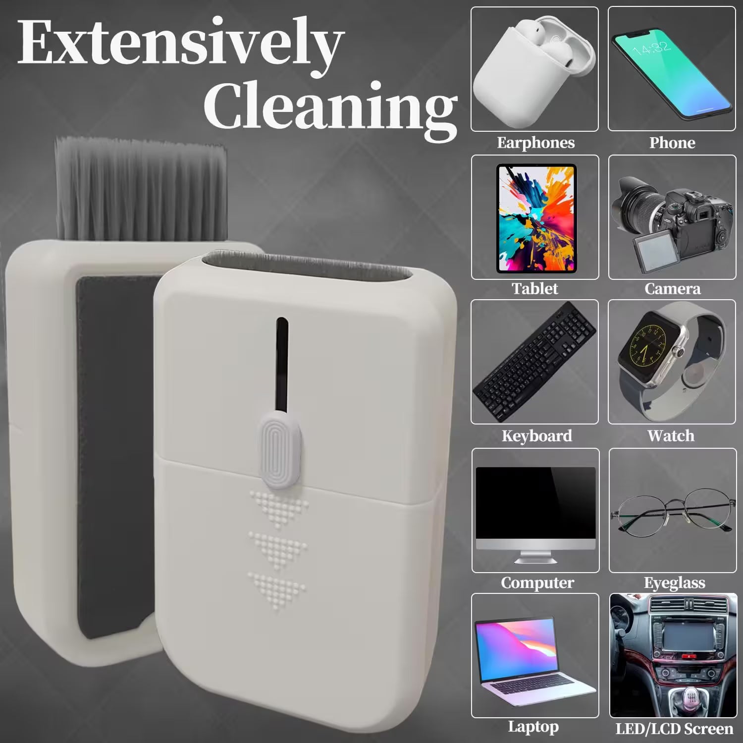 Cleaning device with various cleaning tools and examples of items it can clean.