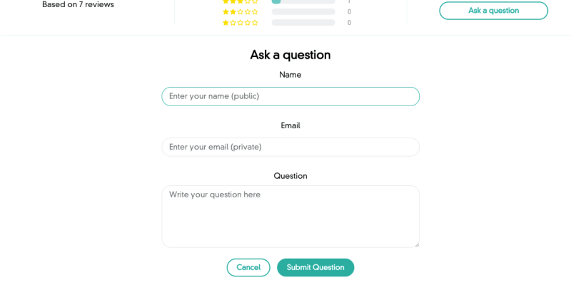 A screenshot of a product page showing where to ask a question