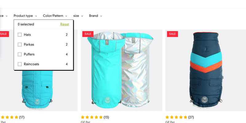 close up of category page showing available product filters