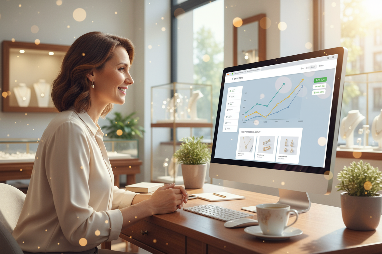 A clean, calming image showing a jewelry store owner smiling while viewing their online store dashboard with increased traffic. Overlay with soft bokeh and subtle sparkles to symbolize success and growth.