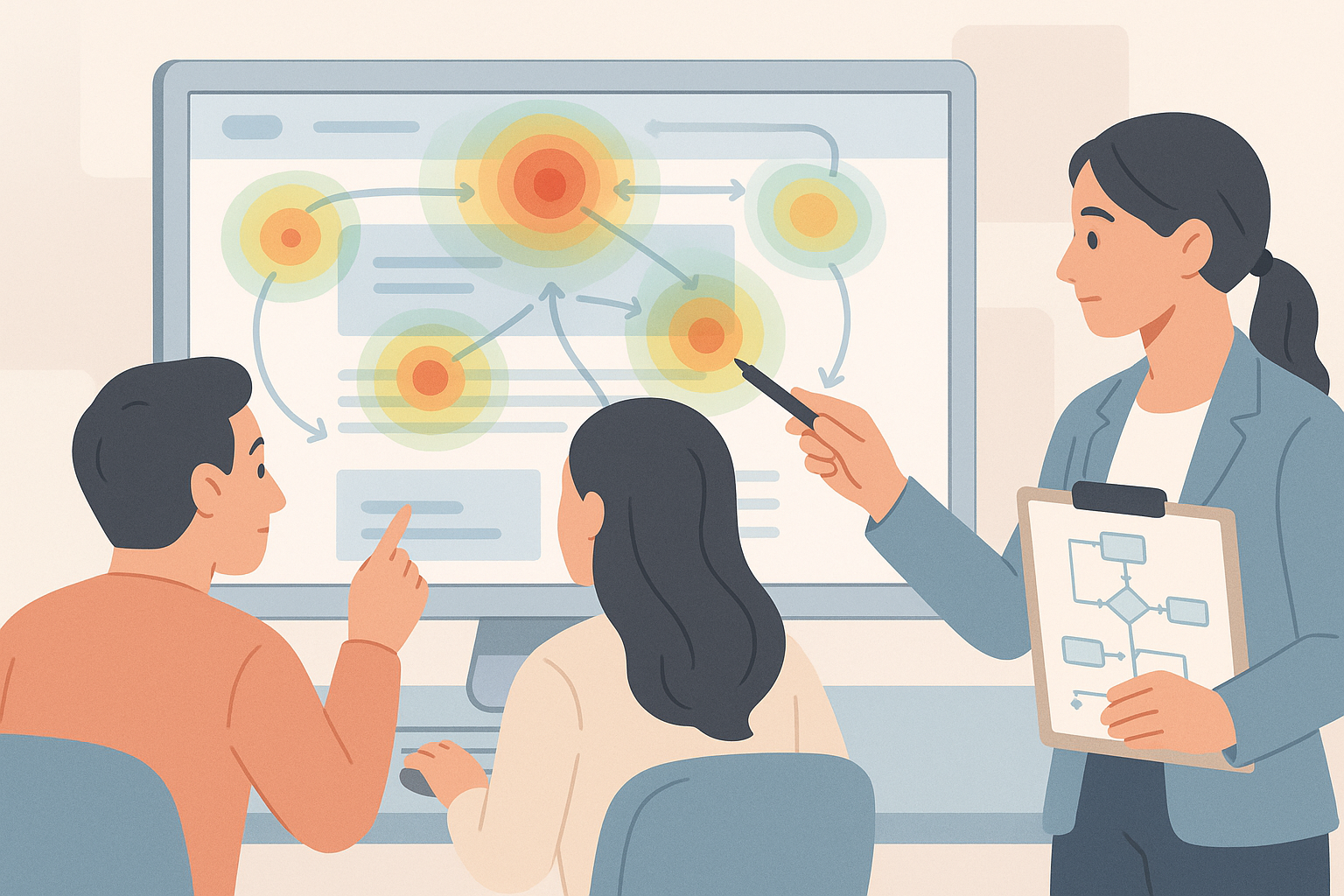 "Website usability test scene showing users interacting with a webpage, heatmap overlay, UX/UI designer analyzing user journey, focus on engagement and navigation flow, soft modern color palette"