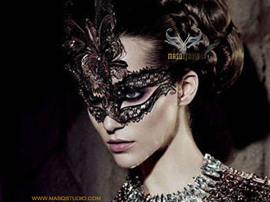 Vampire Diaries Black Crystal Gem Venetian Mask Masquerade Metal Filigree