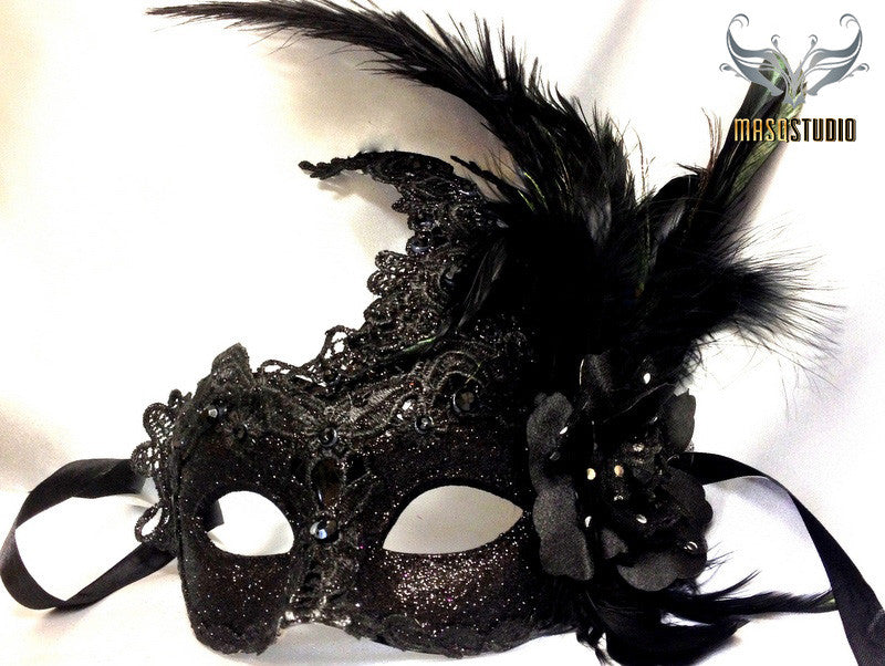 Lace Masquerade Mask with Luxury Feathers Black by Beyond Masquerade