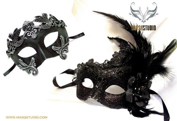 Venetian Couple side Feather Black Lace Roman Gladiator Masquerade Mask ...