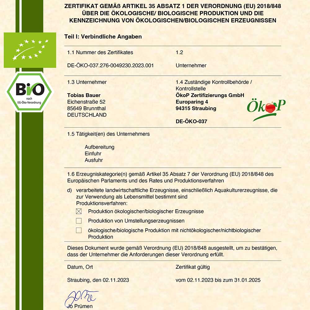 Algalicious Bio Certificate