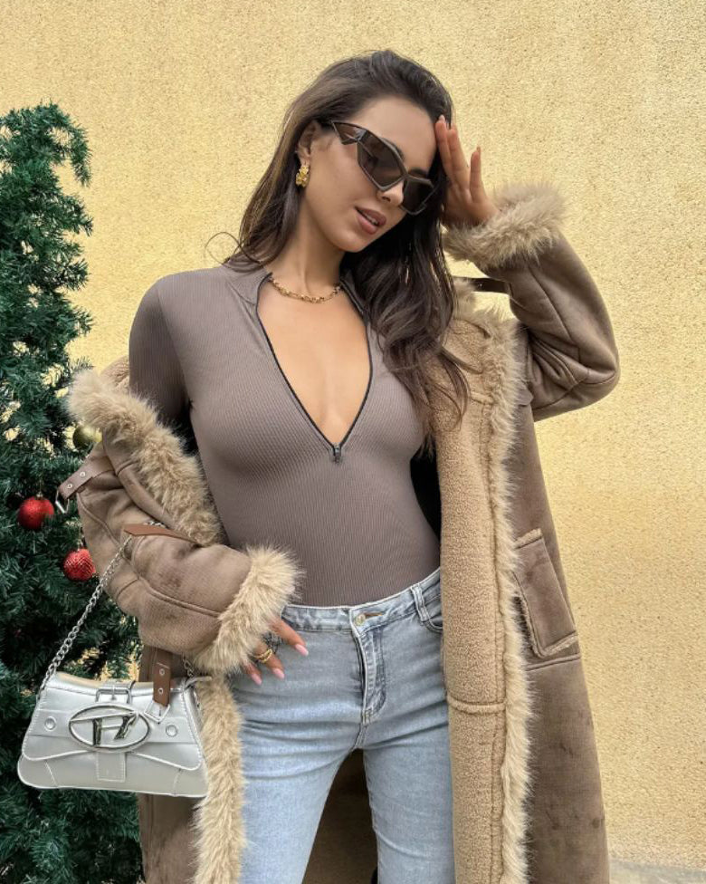 Snached Waist Front Zipper bodysuit