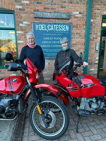 Giles & Annie outside Olives HQ with the Original Bikes