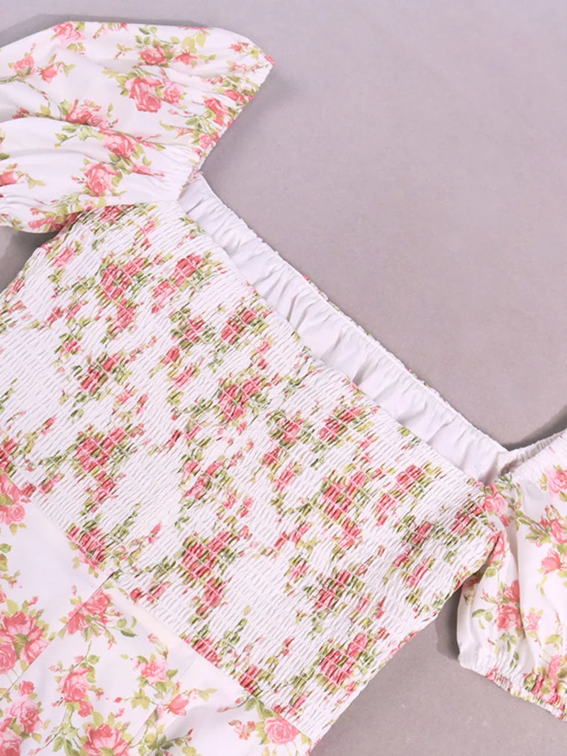 Floral Printed Puff Sleeve Split High Waist Midi Dress - Image 7