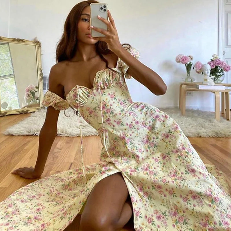 Casual Print Square Neck Puff Sleeve Maxi Sundress Women's Fashion - Image 12