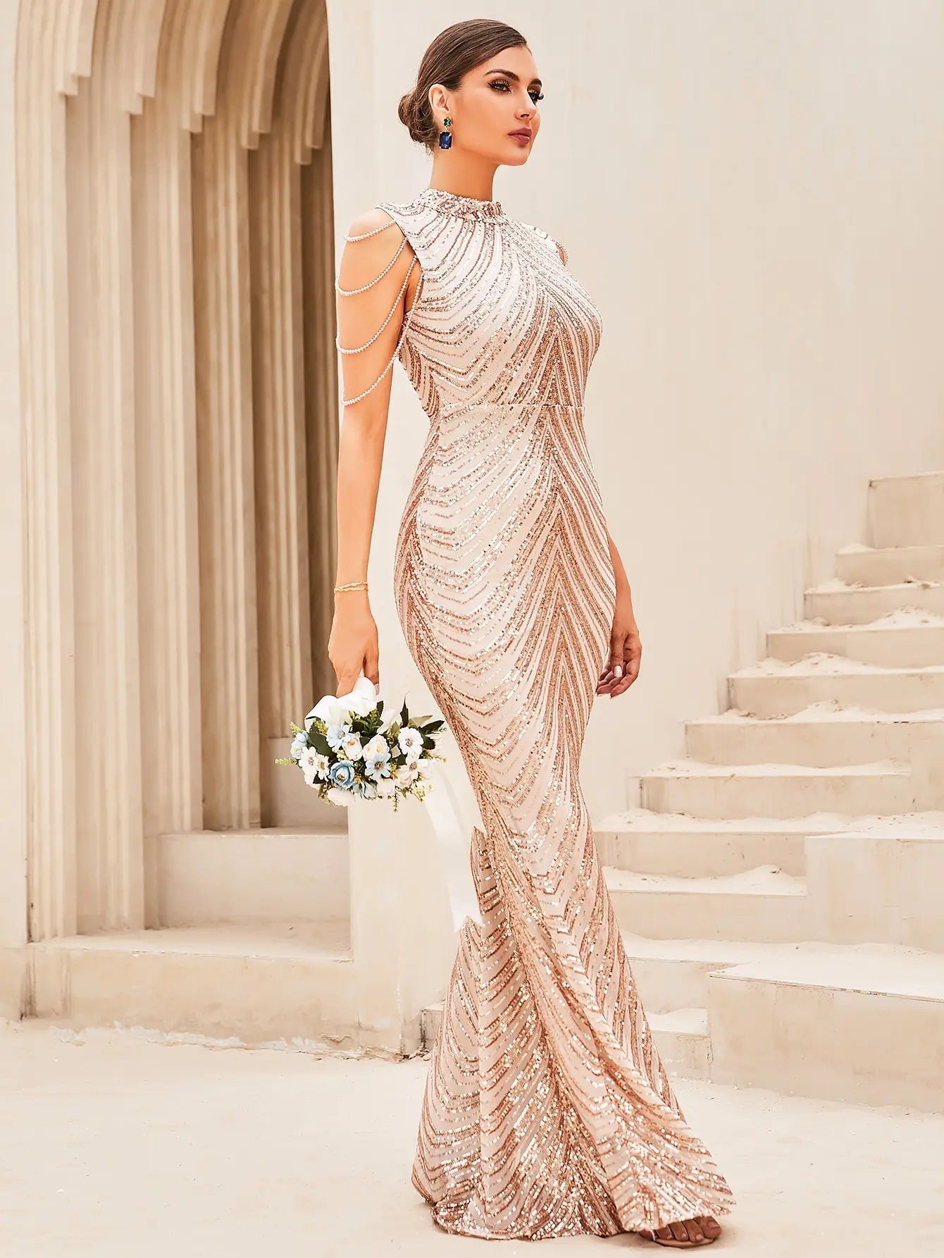 Sequin Mermaid Formal Gown with Beaded Chain Detail Women Wholesale - Image 7