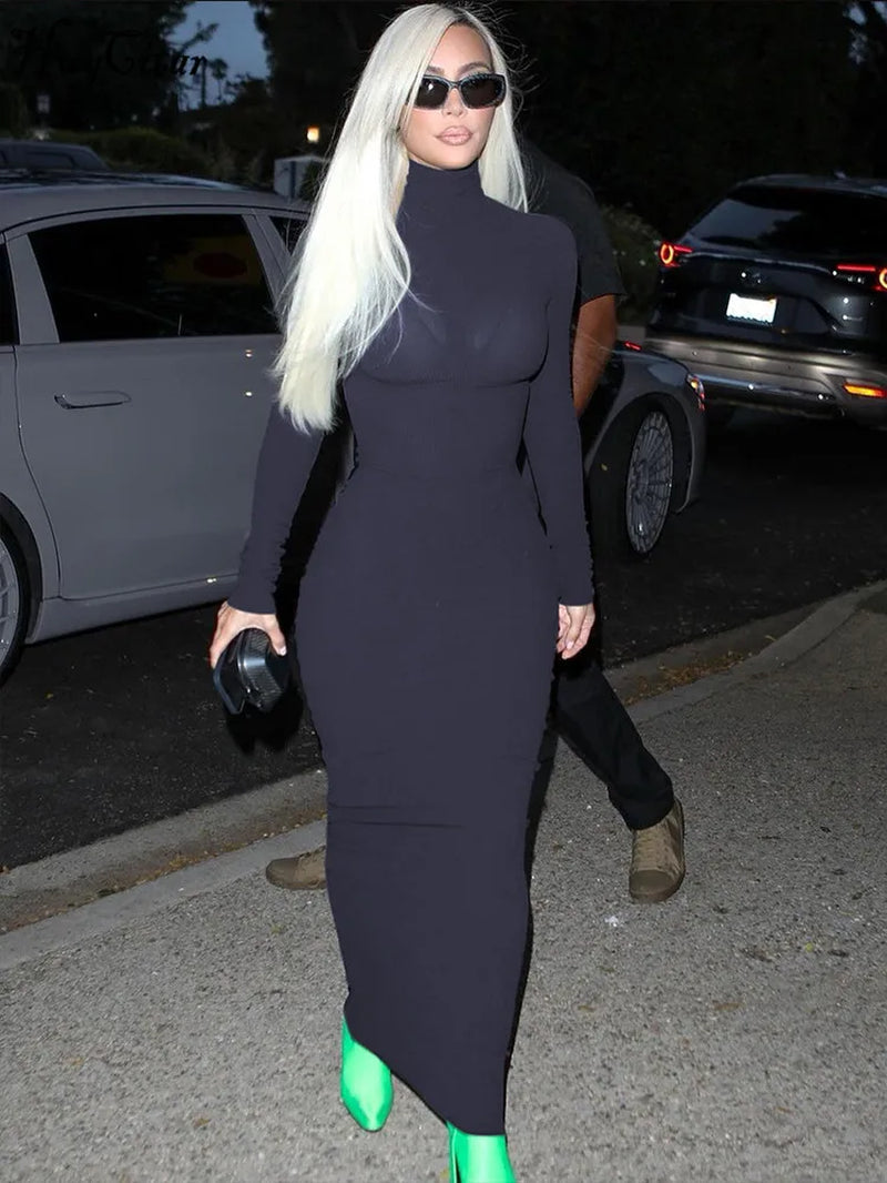 Solid Turtleneck Bodycon Maxi Prom Dress - Elegant Fall Fashion - Image 8