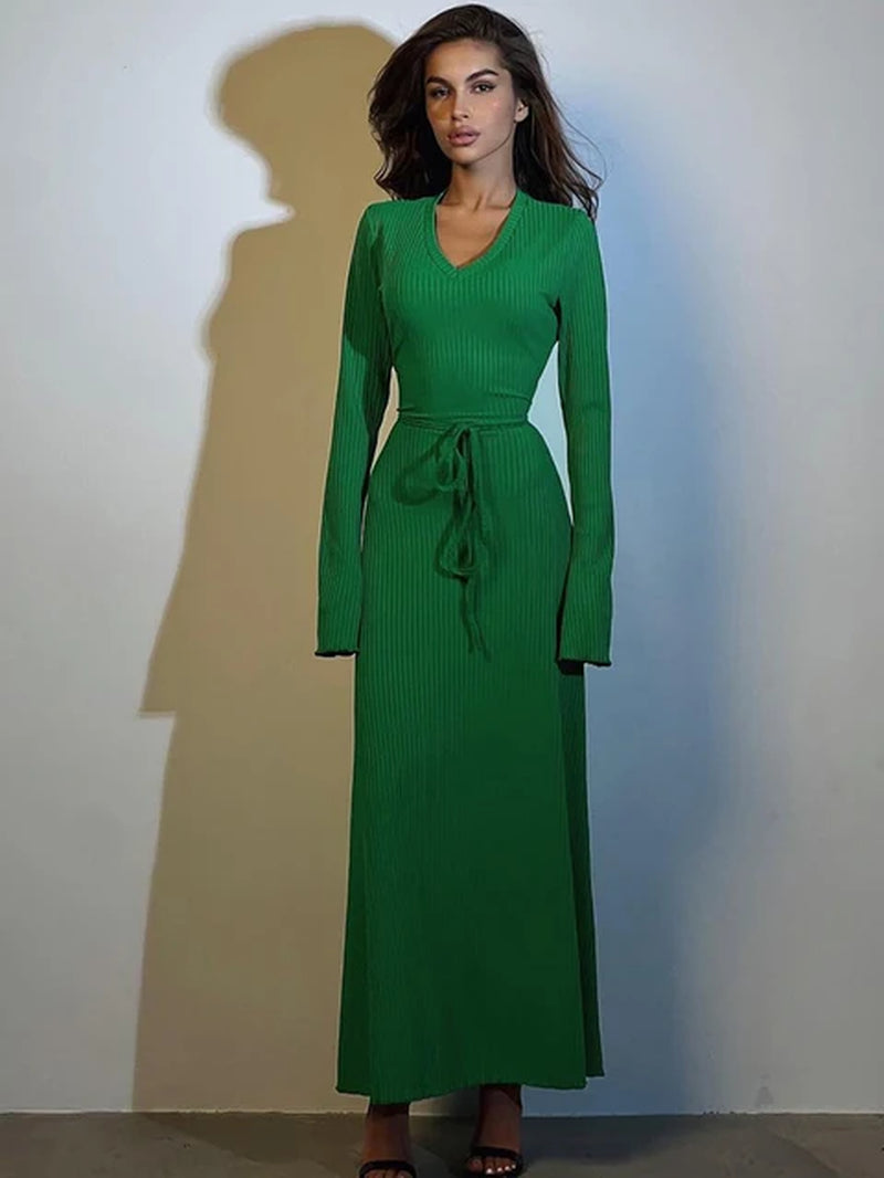 Ribbed V Neck Long Flare Sleeve Bodycon Maxi Dress - Image 5