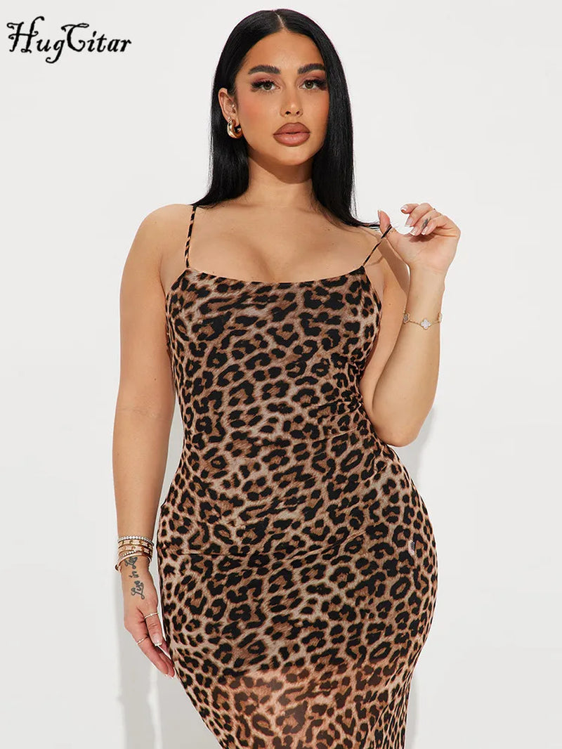 Leopard Print Backless Slit Maxi Dress For Women Summer Party