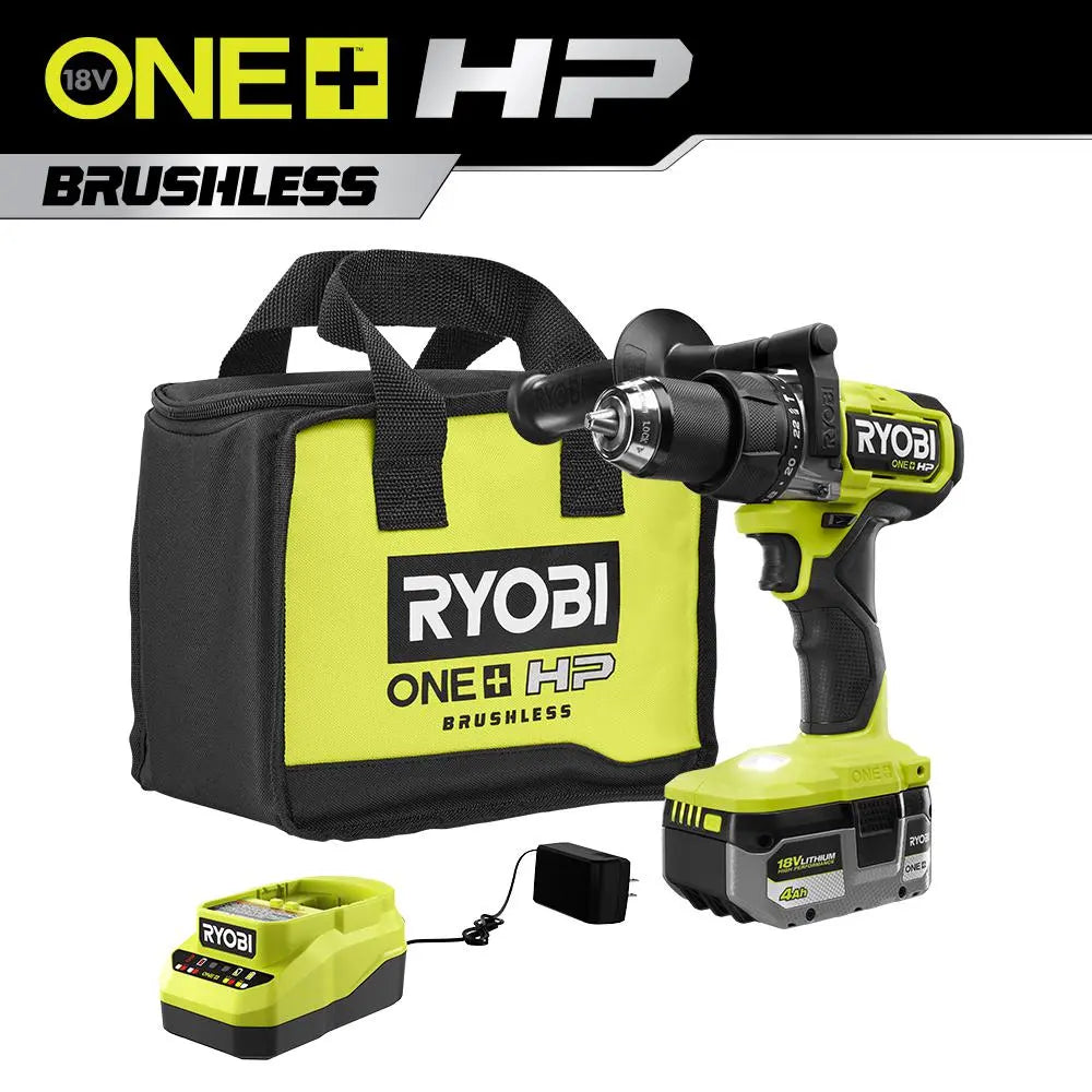 Open Box -  RYOBI ONE+ HP 18V Brushless Cordless 1/2 in. Hammer Drill Kit with (1) 4.0 Ah High Performance Battery, Charger, and Tool Bag - Secondipity