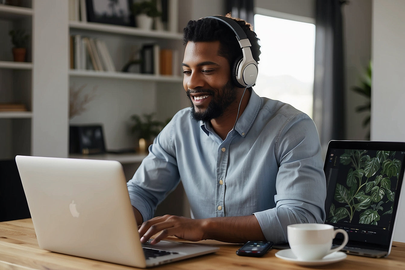 Man wearing headphones, smiling, working on laptop at a desk with a cup of coffee and a smartphone.