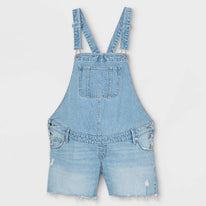 Light blue denim overall shorts with adjustable straps, front pocket and slightly distressed hems.