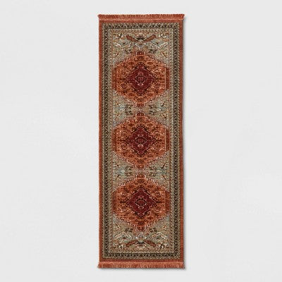 NEW - 2'4"x7' Floral Woven Runner Rug Rust/Green - Threshold - Secondipity