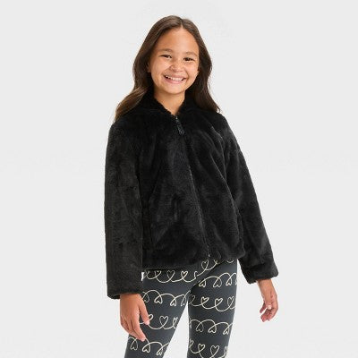 New - Girls' Faux Fur Zip-Up Jacket - Cat & Jack Black L - Secondipity