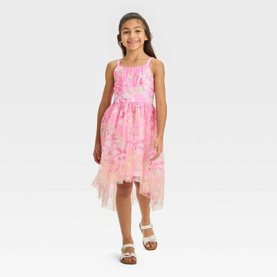 New - Zenzi Girls' Sleeveless Floral Hi-Low Dress - Pink L - Secondipity