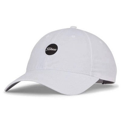 White baseball cap with a black circular logo on the front.