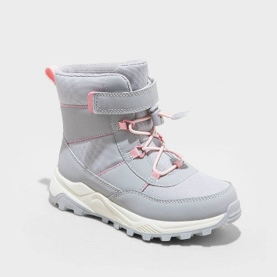 Grey boot with pink accents and a white sole.