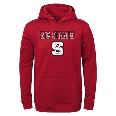 Red NC State hoodie with 'NC State' and 'NCS' logo on the front.