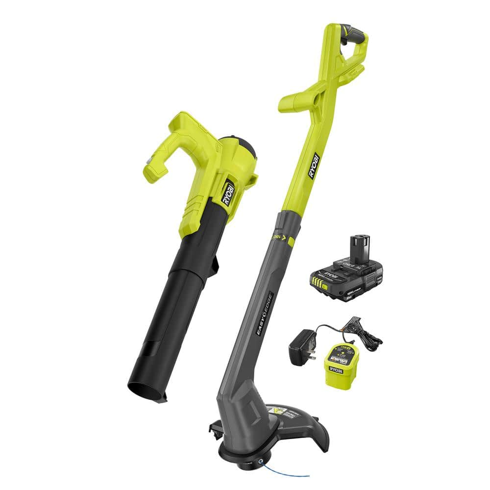 Open Box -  RYOBI 1+ 18-Volt Cordless Electric String Trimmer/Edger and Blower Combo Kit (2-Tools) with 2.0 Ah Battery and Charger RYOBI