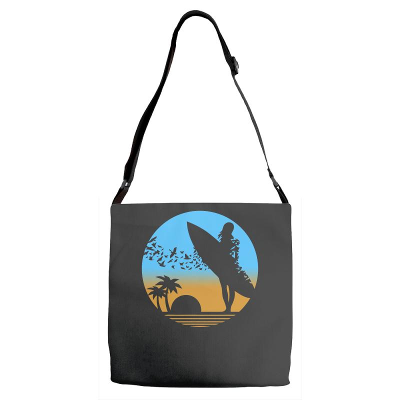 beach surfer silhouette birds sand waves palm Adjustable Strap Totes